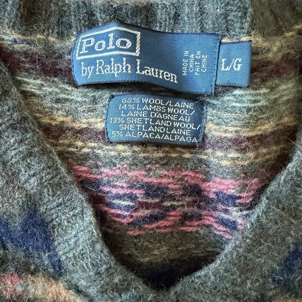 VTG by Ralph Lauren Fair Isle Knit Sweater Wool Alpaca Men's Size L Preppy READ